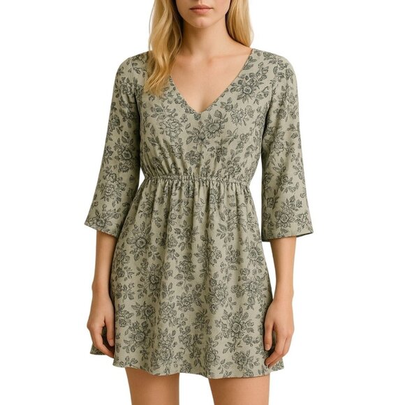 Forever 21 Sage Green Black Floral V-Neck Babydoll Dress 3/4 Sleeves X-Small - Picture 1 of 7